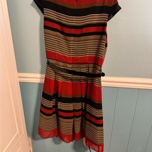 Striped Short Sleeve Belted Dress in Orange , Black & Tan